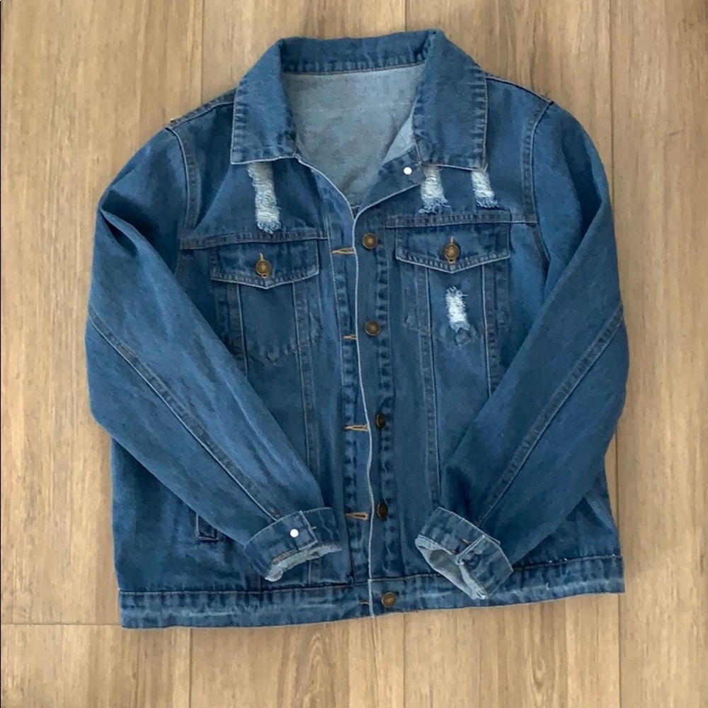 Distressed jean jacket Embroidered Back Large